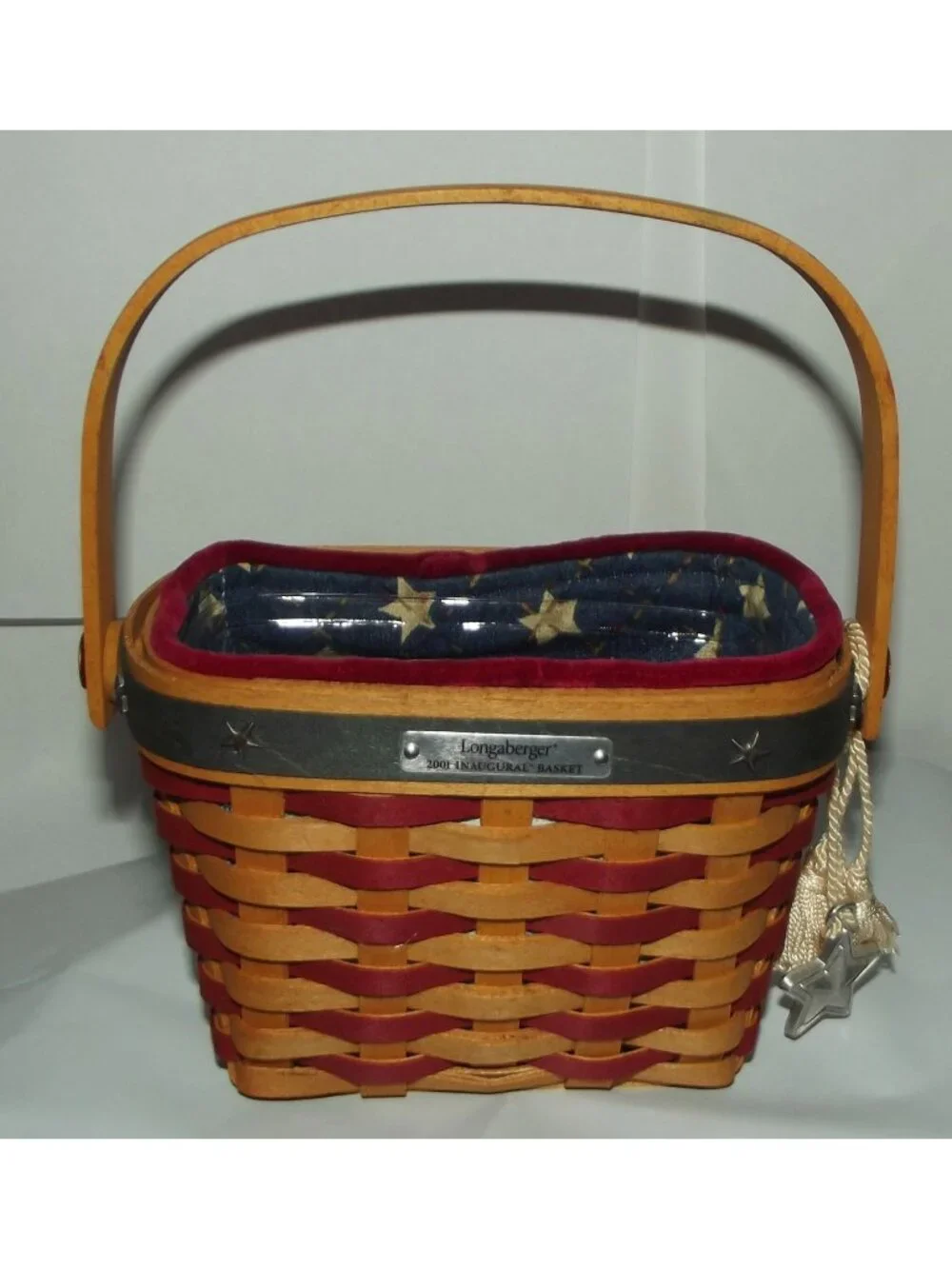 Longaberger 2001 Combo 4th July Inaugural Basket Liner Protector Tie On Stars 6
